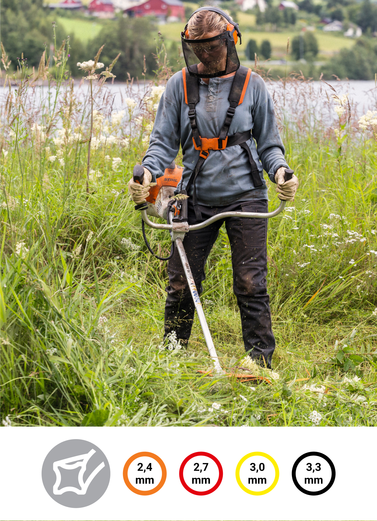 Une femme portant une protection pour le visage et une protection auditive STIHL tond le gazon avec un coupe-bordures à essence STIHL FS 240