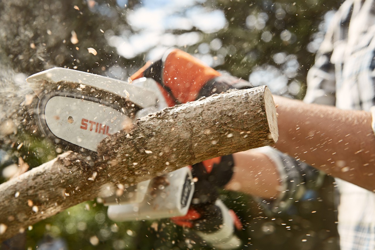 Une personne utilise le STIHL GTA 26 pour couper une branche.