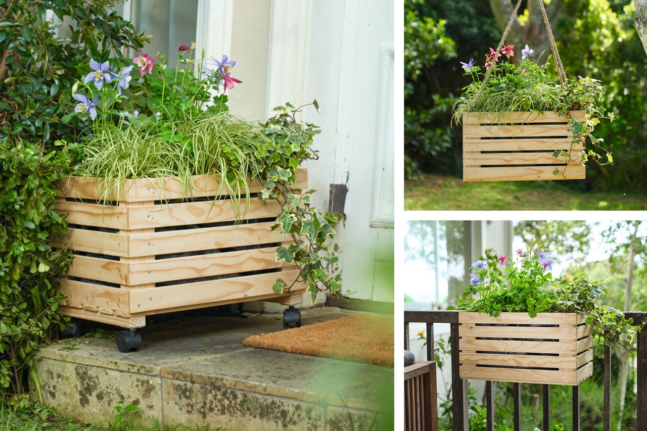 Impressions d'une jardinière DIY en trois variantes chics : Sur roulettes, avec suspension à ficelle et sur la balustrade du balcon 