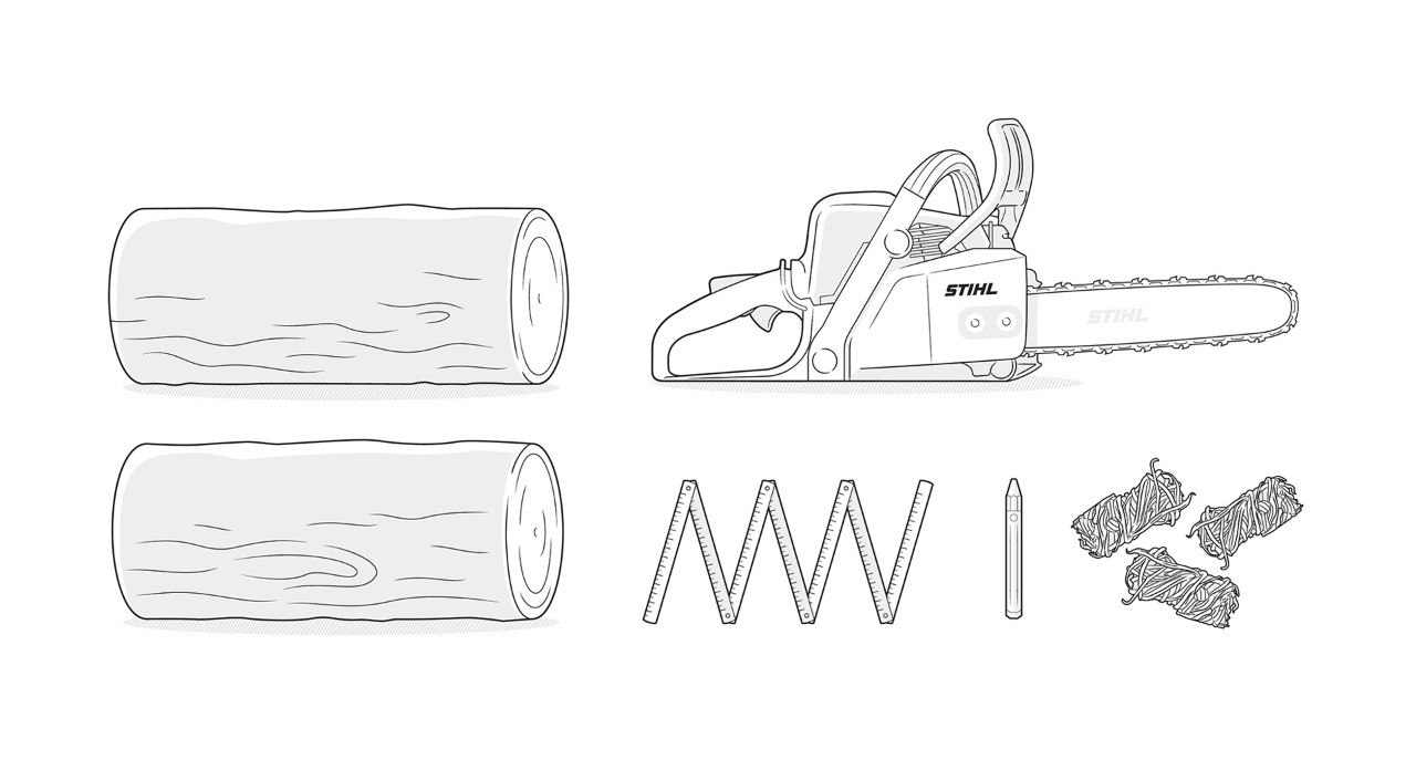  Illustration matérielle: Bois, STIHL  Tronçonneuse, règle pliante, stylo, briquet grill