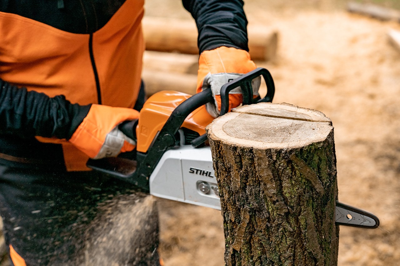 Faire un coeur en bois sur socle : découpe vers le bas dans une bûche à l’aide d’une tronçonneuse thermique STIHL MS 170