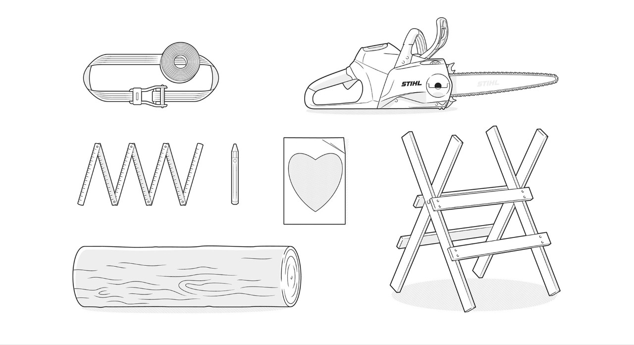 Illustration: bois rond, tronçonneuse STIHL, règle pliante, sangle, gabarit cœur, chevalet, stylo