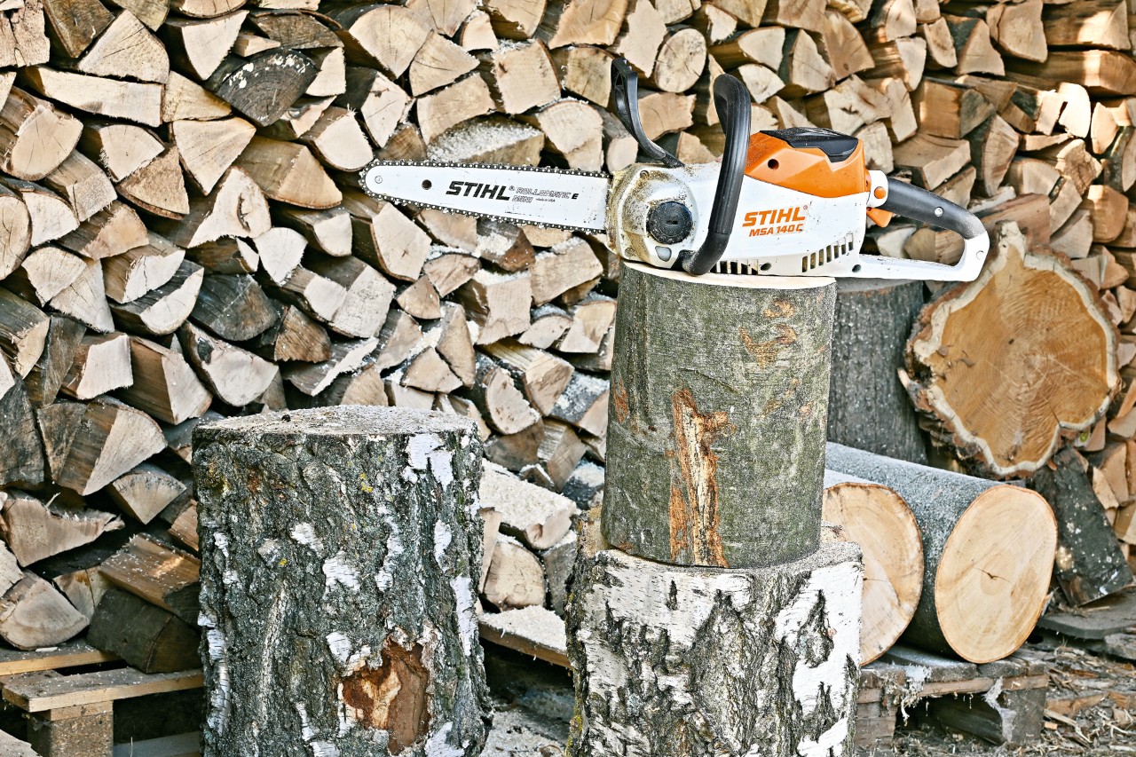 Une tronçonneuse sur batterie STIHL MSA 140 C sur une souche d’arbre devant du bois empilé