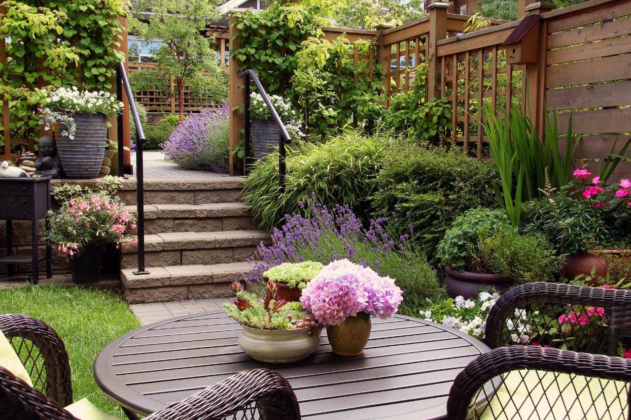Un petit jardin avec des chaises en osier, des pots de fleurs et un brise-vue en bois 