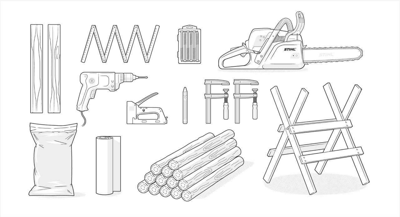 Illustration: palissades, tronçonneuse, sable, pistolet à batterie, polaire, règle pliante, bloc de scie, pinces à vis