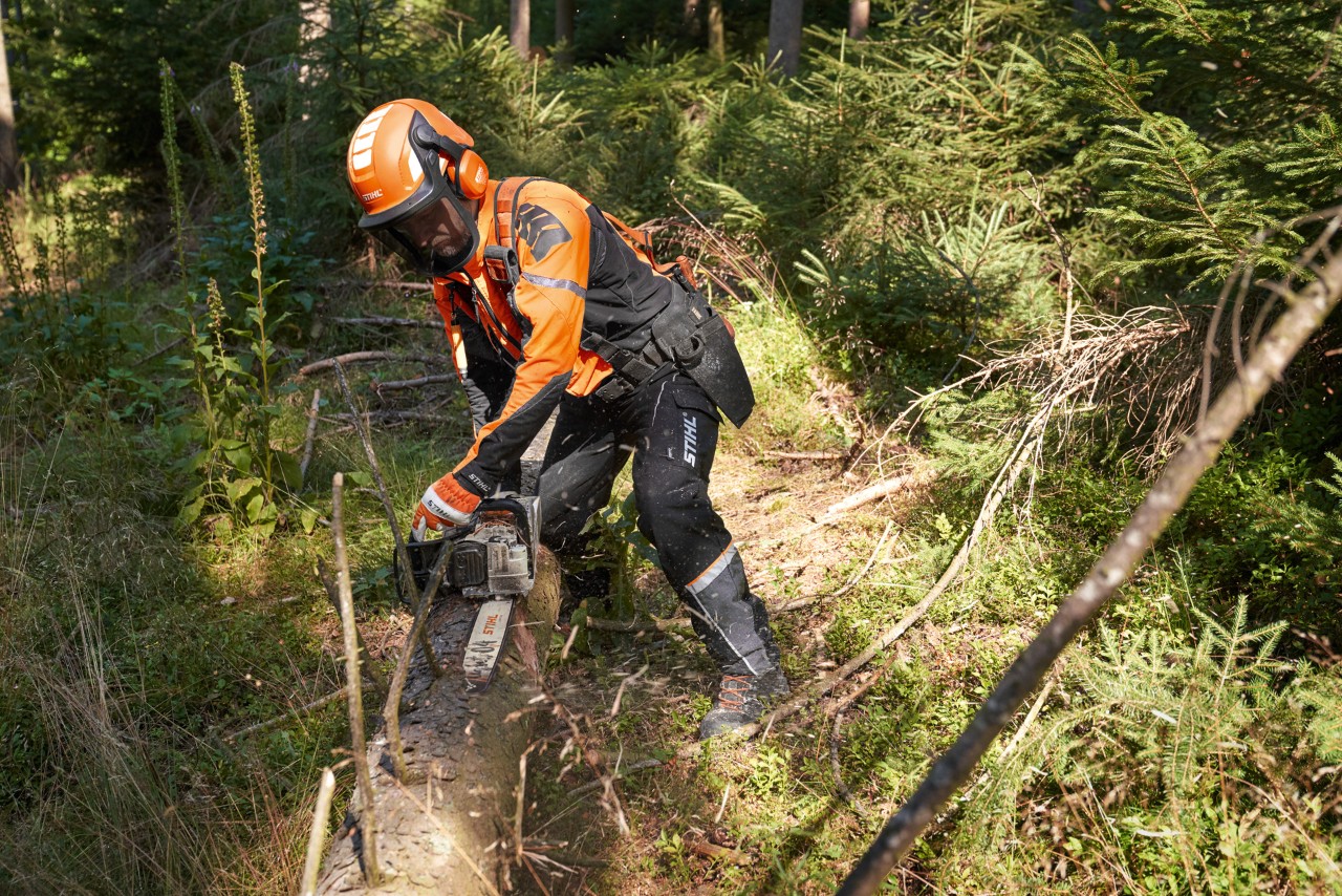Une personne avec vêtements de protection et casque, utilise une tronçonneuse STIHL avec un guide-chaîne Light 04