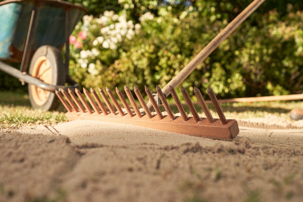 Le sable est lissé avec l’arrière d’un râteau sur une surface plane, avec une rouette et une haie en arrière-plan.