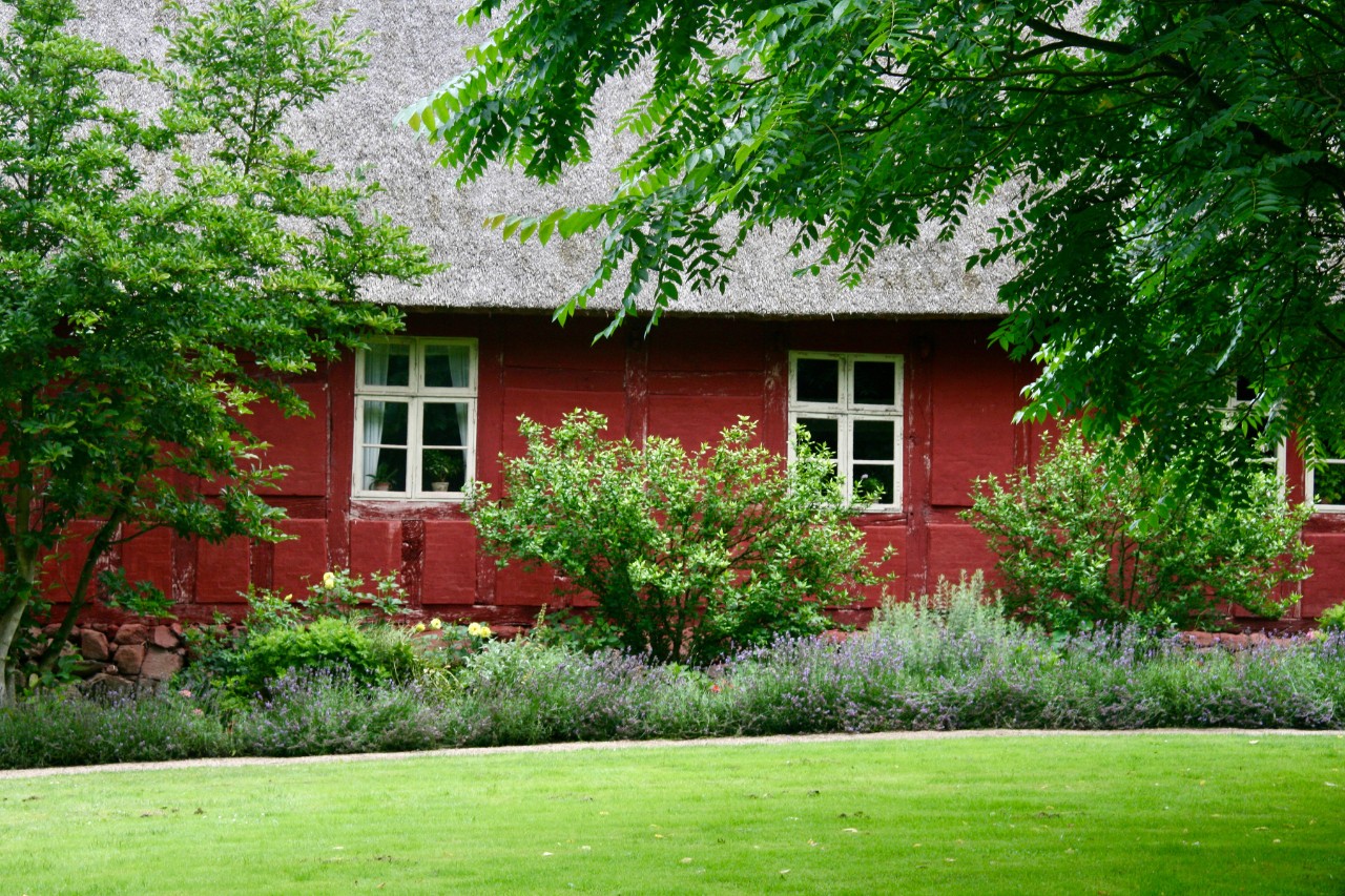 Vieille maison au toit de chaume rouge