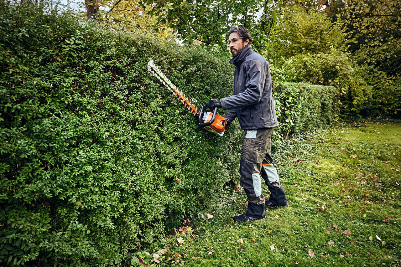 Un homme en équipement de protection taille une haie avec un taille-haie STIHL