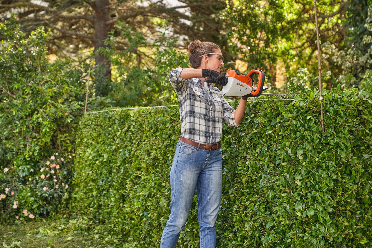 Une femme en haut à carreaux taille des lauriers-cerises avec un taille-haie à batterie STIHL
