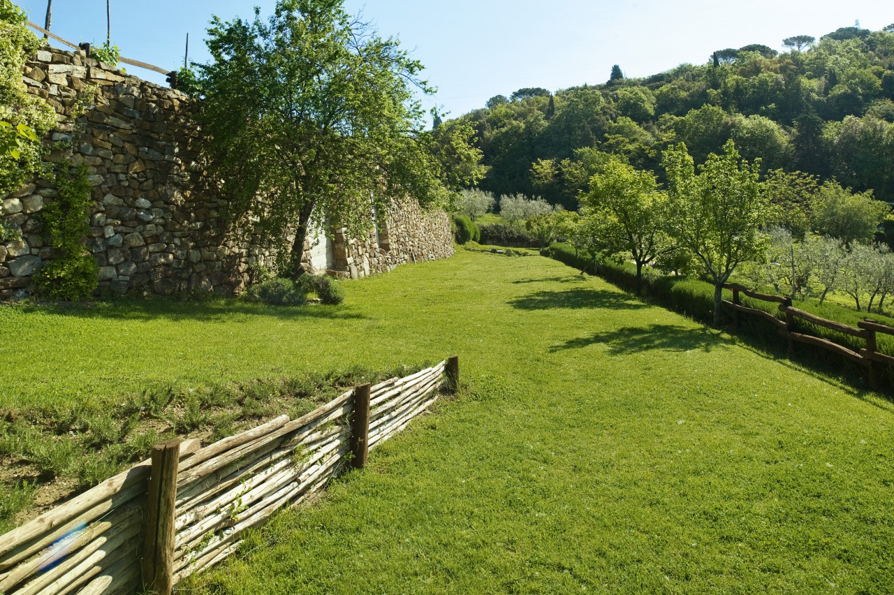 Une vaste surface d’herbe verte avec des arbres au loin, un mur en pierres en arrière-plan et une clôture en bois devant