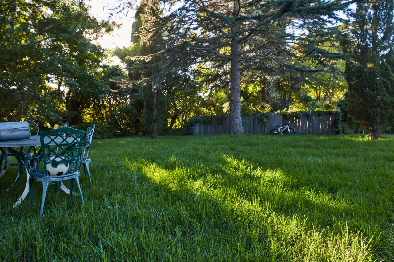 Gazon d’ombre avec table et chaises de jardin, vélo appuyé contre une clôture en bois en arrière-plan
