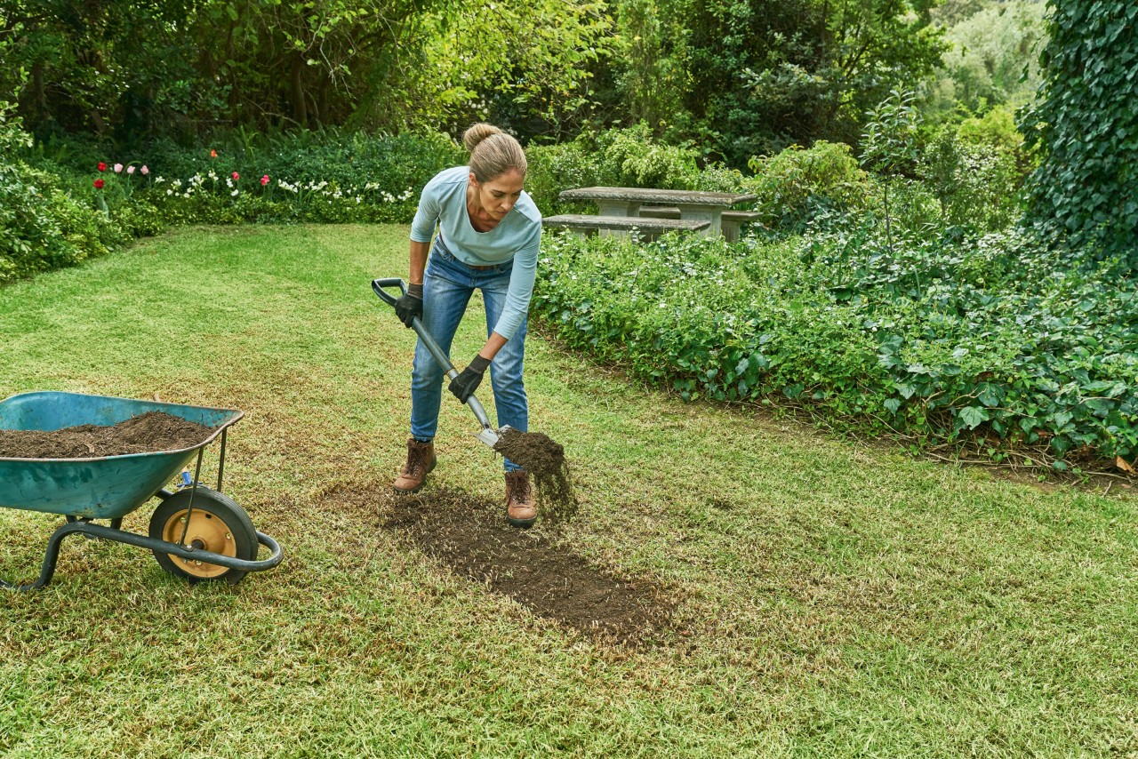 Une femme utilisant une pelle pour disperser le compost d’une brouette sur une pelouse