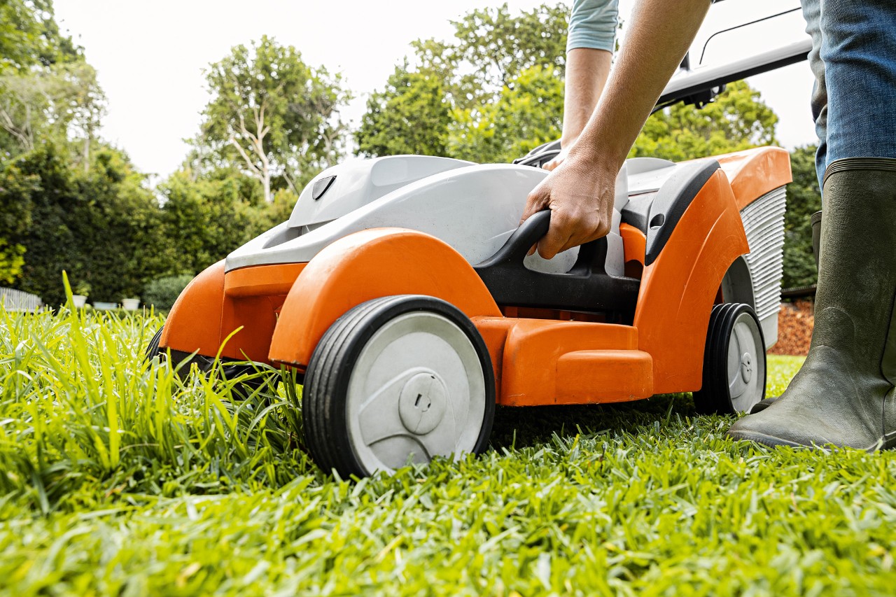 Réglage de la hauteur de coupe sur une tondeuse thermique STIHL avant de tondre la pelouse."