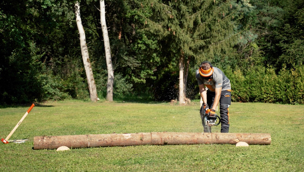 Un homme vêtu d’un équipement de protection utilise une tronçonneuse STIHL pour couper un arbre en bois de chauffage