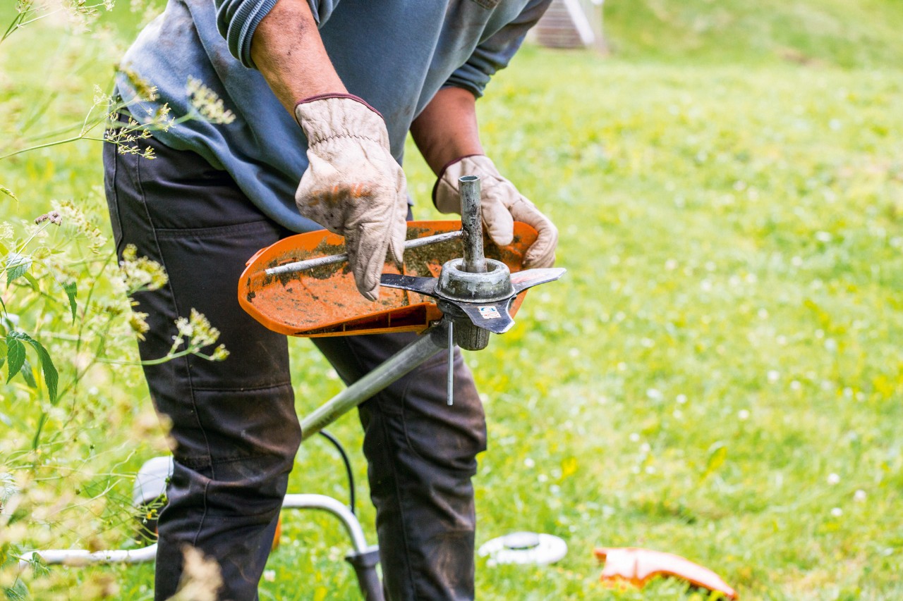 Un homme équipé de gants nettoyant l’outil de coupe d’une débroussailleuse thermique STIHL FS 131