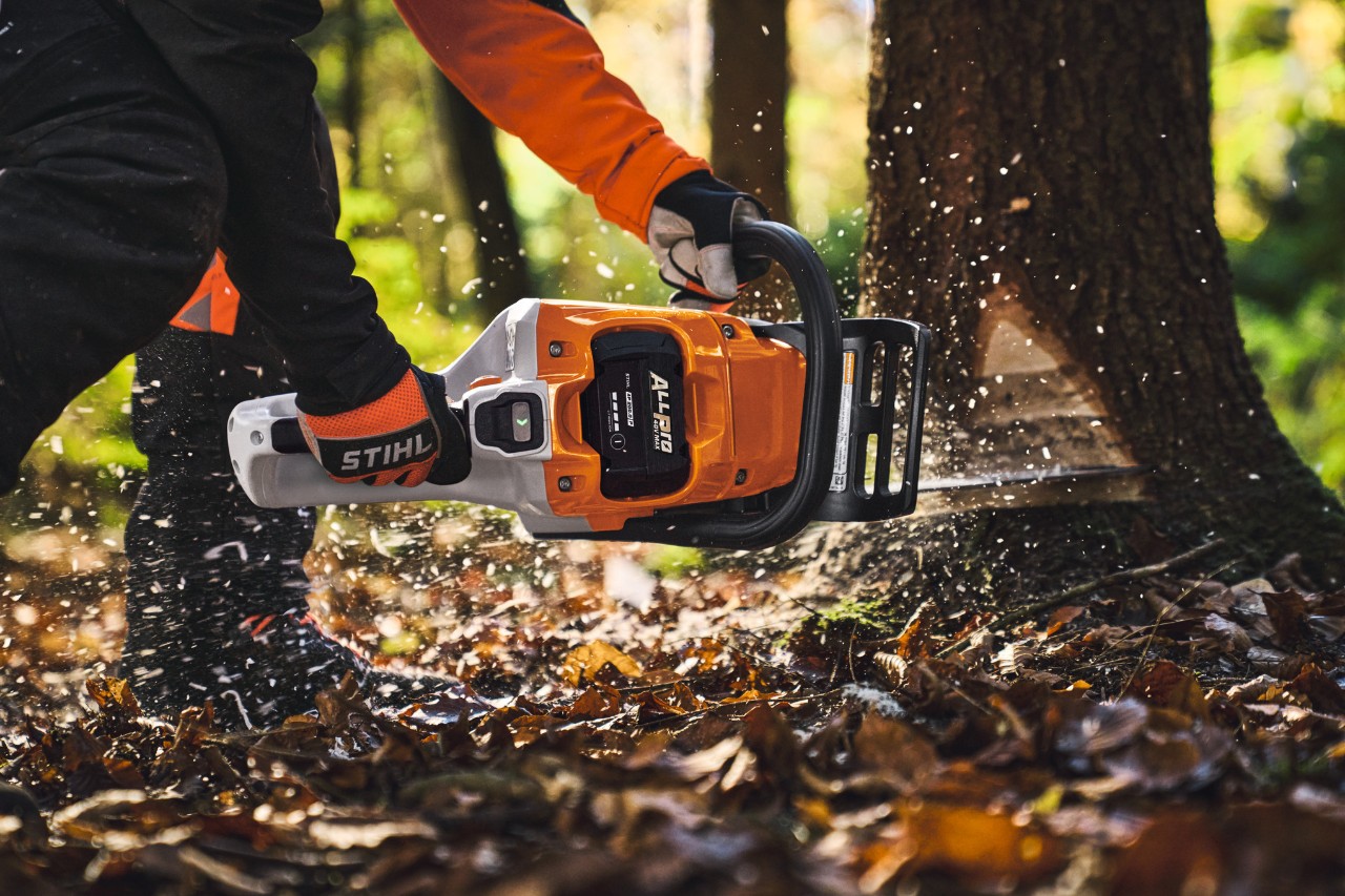 Un professionnel abat des arbres dans la forêt à l'aide de la tronçonneuse sans fil STIHL MSA 260.