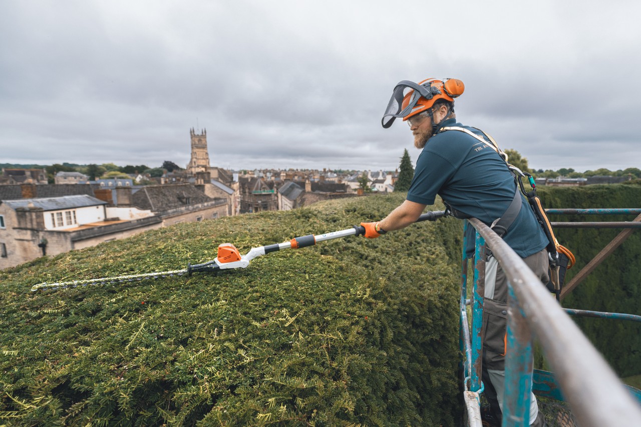 Un professionnel taille la partie supérieure de la haie du Bathurst Estate à l’aide d’un coupe-haies à batterie STIHL sur une plateforme