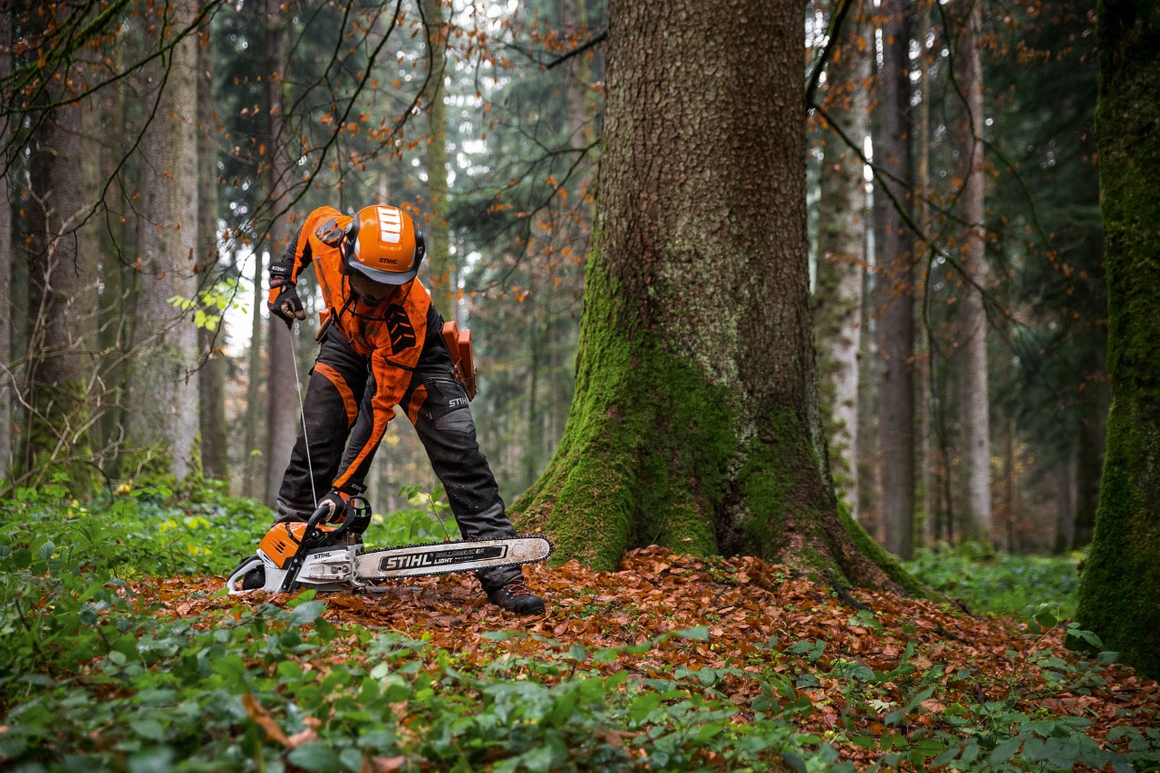 Homme en tenue de protection démarre une tronçonneuse thermique STIHL MS 500i posée au sol, dans une forêt de feuillus