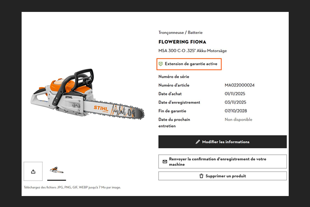 Page internet pour enregistrer les produits STIHL en ligne