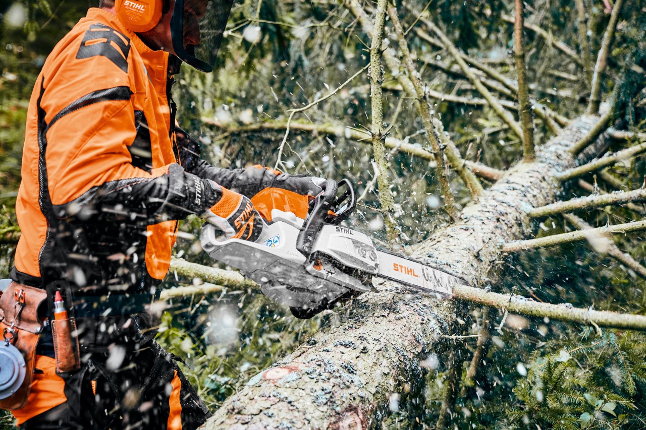 Homme en tenue de sécurité débranche un arbre tombé à l’aide d’une tronçonneuse STIHL équipé de M-Tronic et guide-chaîne
